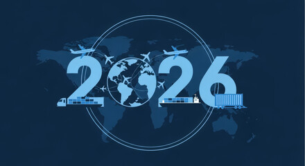 2026 Year Global Logistics Supply Chain World Map Airplanes Trains Ships Truck Transport Delivery