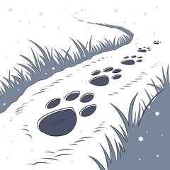 Animal paw prints trail across a snowy path lined with grass suggesting a journey through a winter landscape with falling snowflakes