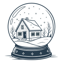 Stylized outline illustration of a charming snow globe containing a cozy winter cabin surrounded by bare trees and falling snowflakes on a snowy landscape