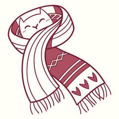 Cute cartoon cat face peeking out from a cozy patterned scarf with fringe detail perfect for winter or holiday themes