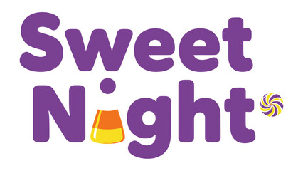 Sweet Night Logo: A vibrant and cheerful logo featuring the words Sweet Night, accompanied by whimsical imagery of a candy corn and a swirl candy.