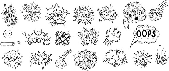 Naklejka premium Hand-drawn speed clouds and anime doodle line elements vector set. Includes dynamic manga motion shapes, expressive comic effects, explosion bursts, and emotional speech bubbles with WOW, BAM, OOPS te