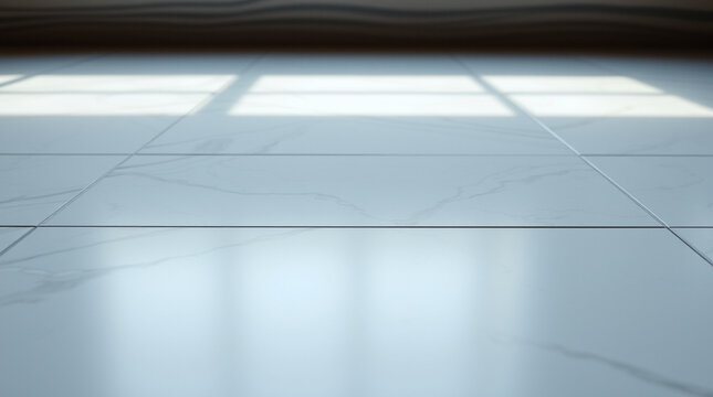 Low Angle of Polished White Marble Floor Tiles with Bright Window Reflections and Soft Bokeh Background
