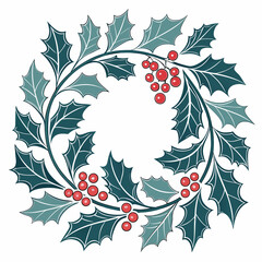 A decorative circular wreath made of dark teal holly leaves and bright red berries perfect for christmas and winter holiday designs