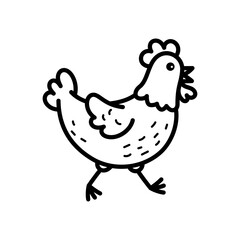 Minimalist Chicken Doodle in Black and White on Transparent Background Walking with Simple Lines Ideal for Children Illustration and Farm Themed Projects