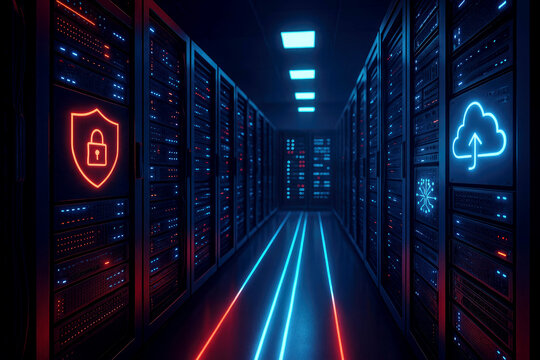 Server room with neon security and cloud icons and colored light lines data center servers