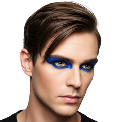 Dramatic makeup on man bold blue and orange eyeshadow creative male beauty portrait transparent background