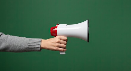 Confident hand holding a white and red megaphone ready to amplify important messages and announcements, symbolizing communication and public speaking in a vibrant studio setting.
