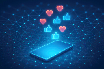 Smartphone emitting glowing social media likes and hearts over a digital network mobile phone
