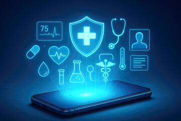 Smartphone projecting glowing healthcare icons and medical symbols mobile