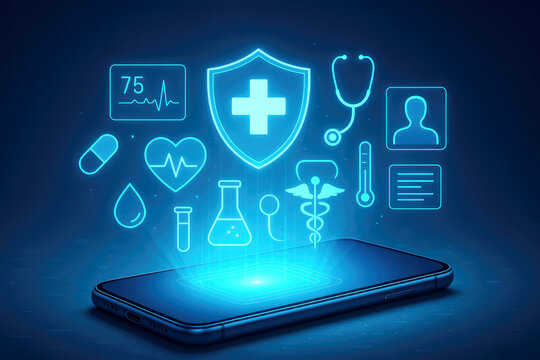 Smartphone projecting glowing healthcare icons and medical symbols mobile