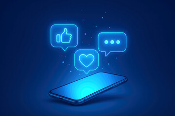 Smartphone with glowing blue social media notification icons for likes, comments, and messages mobile phone