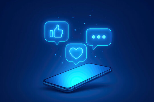 Smartphone with glowing blue social media notification icons for likes, comments, and messages mobile phone
