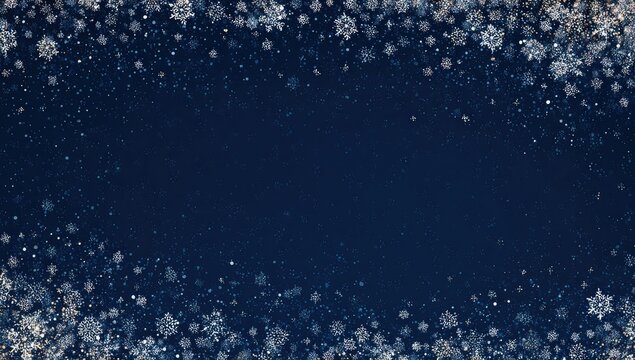 Winter scene featuring ornate snowflakes framing a deep blue background with scattered twinkling lights - Powered by Adobe