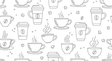 Obraz premium A seamless pattern of coffee cups and beans with steam.