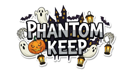 Phantom Keep: A spooky illustration features various Halloween elements to create a mysterious atmosphere. This image includes bats, ghost, pumpkin, and lantern and the phrase Phantom Keep
