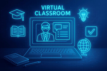 Virtual Classroom Concept with Icons and Laptop Display online learning education