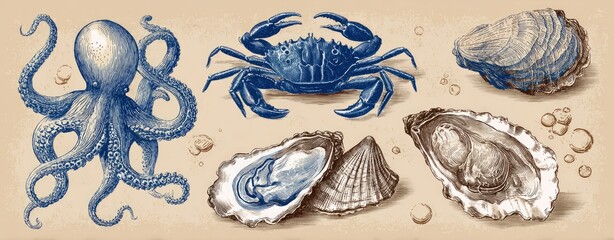 An illustration showing an octopus, crab, and oysters, against a vintage-style backdrop with bubbles