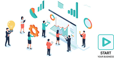 Startup business illustration, team collaboration and data analysis, growth charts, innovation and planning, launch concept, vector art for entrepreneurship