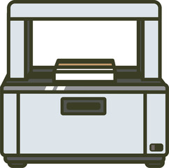 紙を茶色い帯で封をする封帯機のイラスト（A4サイズまで対応）