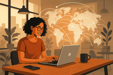 Woman working on laptop with global network connections emanating from world map computer home office