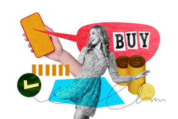 Creative photo collage young woman golden coins money consumerism smartphone touchscreen special offer buy bargain funds