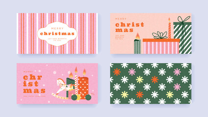 Set of Merry Christmas cards with festive candles, gifts, rocking horse toy, and holiday patterns in pink, orange, and green colors. Joyful modern winter holiday design. Vector illustration for