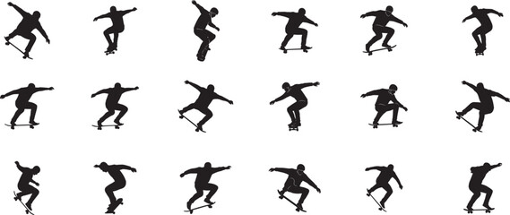 Silhouettes of skateboarders performing various tricks and jumps captured in motion against a white backdrop vector