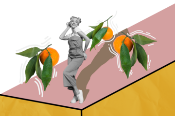 Creative picture collage young beautiful woman orange fruits growing exotic nutrition vitamins fresh healthy tasty food diet