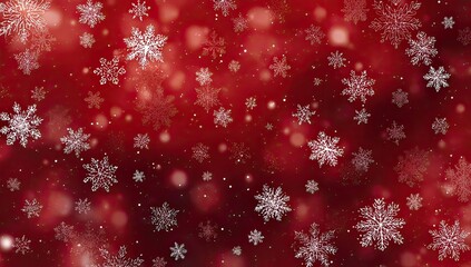A vibrant red gradient backdrop with shimmering, translucent snowflakes of various sizes drifting