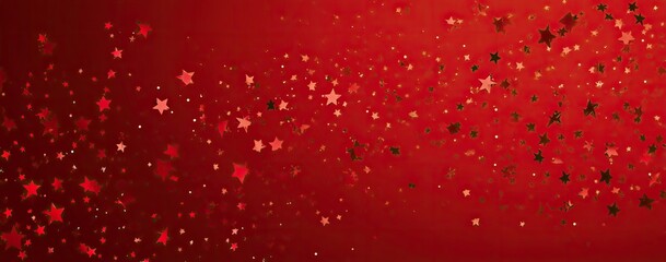 A vibrant, gradient red background is adorned with sparkling red stars, creating an elegant festive composition