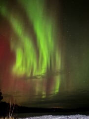 Bright green aurora borealis with red hues dancing over a dark winter landscape under starry sky