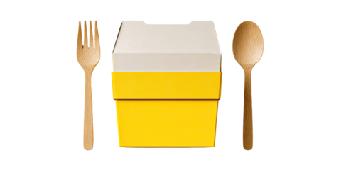 Yellow takeout box with wooden fork and spoon