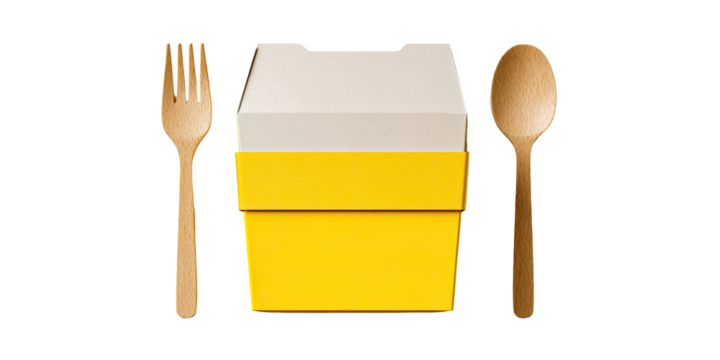 Yellow takeout box with wooden fork and spoon