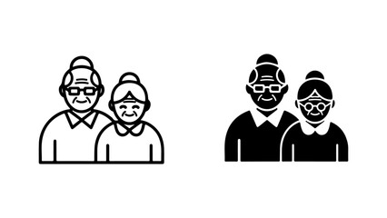Black and White Elderly Couple Icons in Outline and Solid Styles
