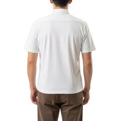 Back view of a man wearing a plain white short-sleeved collared shirt and brown pants transparent background