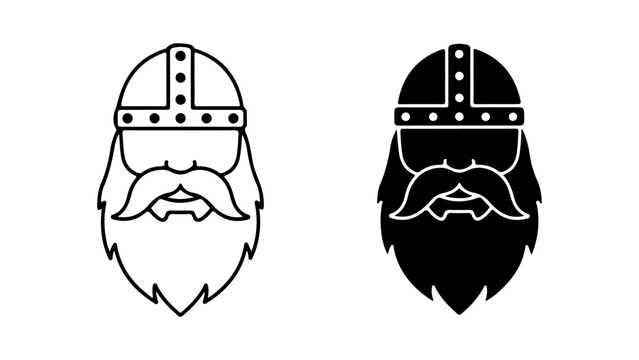 Outline and silhouette Viking head icon with beard and helmet