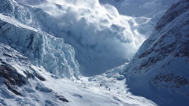 A massive, powerful avalanche crashes down a mountain.