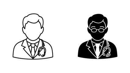 Black and White Doctor Icons: Outline and Filled Medical Professional Vectors