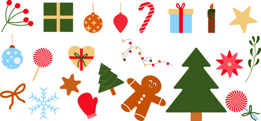 Christmas element design set. Collection of bauble ball, holly leaf, candle, candy cane and gift isolated on white background. Vector