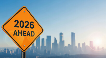 Obraz premium Road Sign 2026 Ahead Future Anticipation City Skyline Background Perspective Urban Development Opportunity Direction
