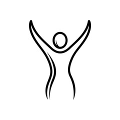 Abstract figure raising arms in celebration against white backdrop, symbolizing freedom and achievement with minimalist elegance.