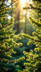 Sunlit Pine Branches Framing Serene Forest