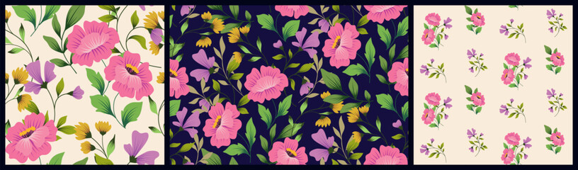 Seamless floral pattern, ornate nature print of hand drawn wild plants. Elegant botanical design collection. Large flowers in vintage style, leaves, branches in bright colors. Vector illustration.