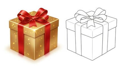 Elegant gold gift box with a vibrant red ribbon, alongside a simple line art version, perfect for festive promotions and holiday cheer, celebrations