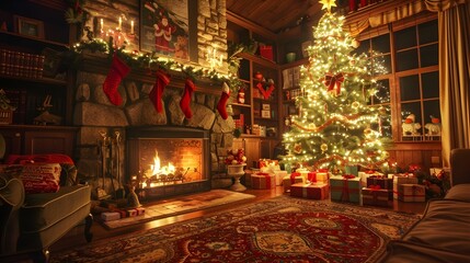 Cozy living room with Christmas tree glowing beside fireplace decorated with warm lights