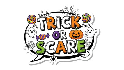 Spooky Season: Trick or Scare: Festive design of Trick or Scare word with colorful elements, evokes the spirit of Halloween fun and fright. with spooky and fun elements.