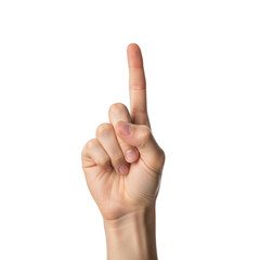 Human hand with index finger pointing upwards signifying number one or direction transparent background