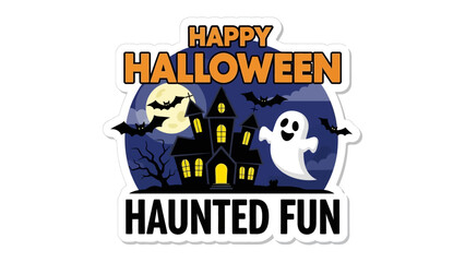 Halloween Haunted Fun: A whimsical illustration captures the essence of Halloween, with a spooky haunted house, friendly ghost, and bats silhouetted against a moonlit sky.