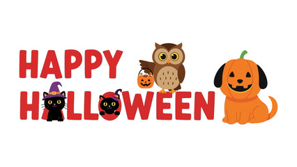 Happy Halloween: A playful Halloween greeting features a gathering of friendly characters – a black cat with witch hat, a wise owl, and a charming dog in pumpkin costume.